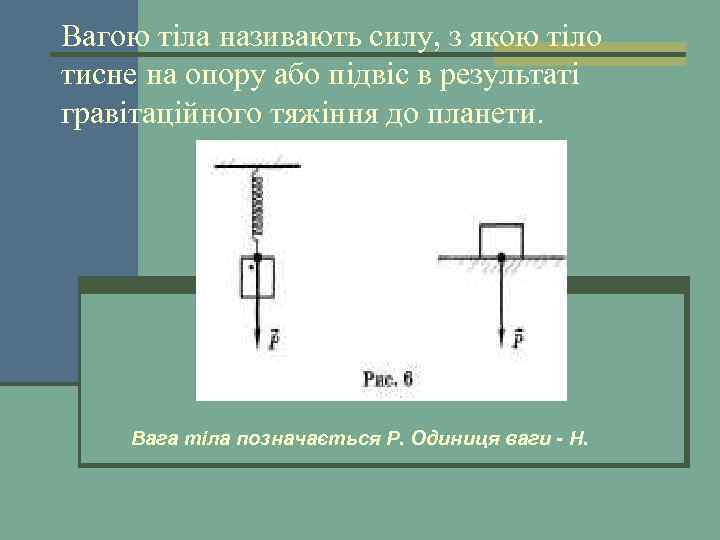 Вагою тіла називають силу, з якою тіло тисне на опору або підвіс в результаті