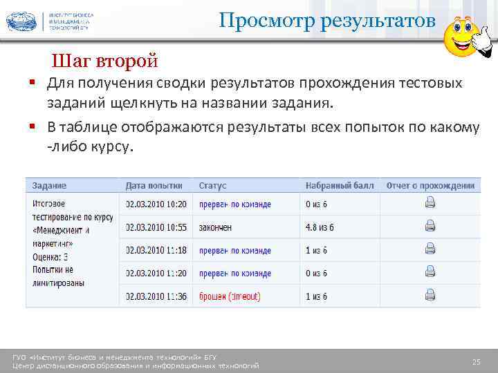 Просмотр результатов Шаг второй § Для получения сводки результатов прохождения тестовых заданий щелкнуть на