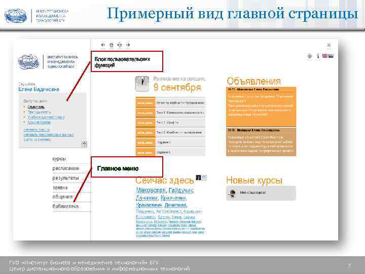 Примерный вид главной страницы Блок пользовательских функций Главное меню ГУО «Институт бизнеса и менеджмента