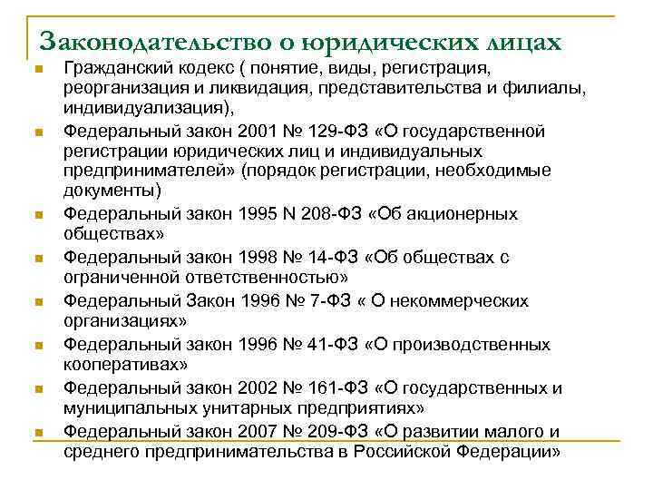 Законодательство о юридических лицах n n n n Гражданский кодекс ( понятие, виды, регистрация,