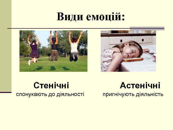 Види емоцій: Стенічні спонукають до діяльності Астенічні пригнічують діяльність 