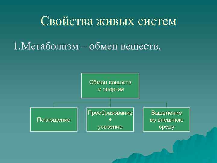 Свойства живых систем 1. Метаболизм – обмен веществ. Обмен веществ и энергии Поглощение Преобразование