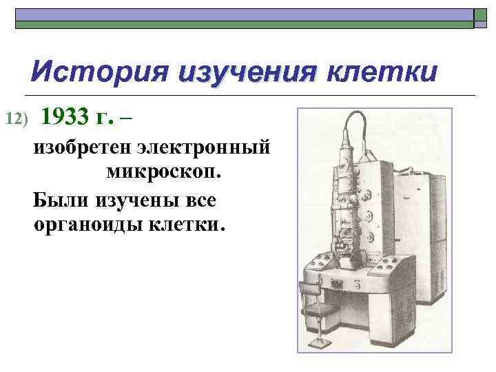 История изучения клетки 12) 1933 г. – изобретен электронный микроскоп. Были изучены все органоиды