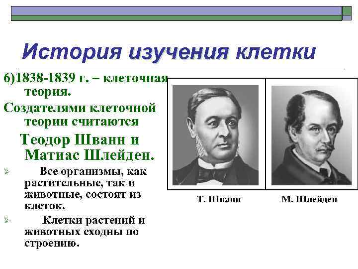 История изучения клетки 6)1838 -1839 г. – клеточная теория. Создателями клеточной теории считаются Теодор