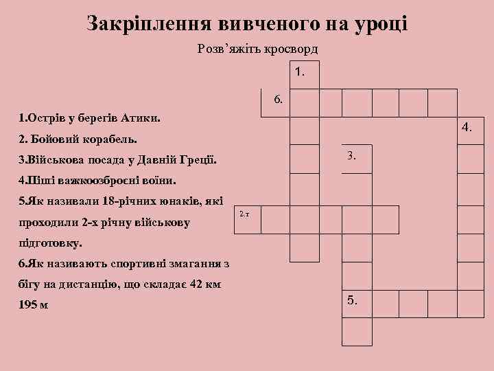 Закріплення вивченого на уроці Розв’яжіть кросворд 1. 6. 1. Острів у берегів Атики. 4.