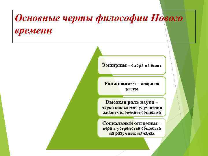 Основные черты философии Нового времени Эмпиризм – опора на опыт Рационализм – опора на