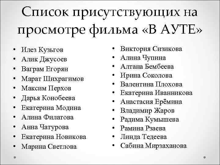 Список присутствующих на просмотре фильма «В АУТЕ» • • • Илез Кузьгов Алик Джусоев