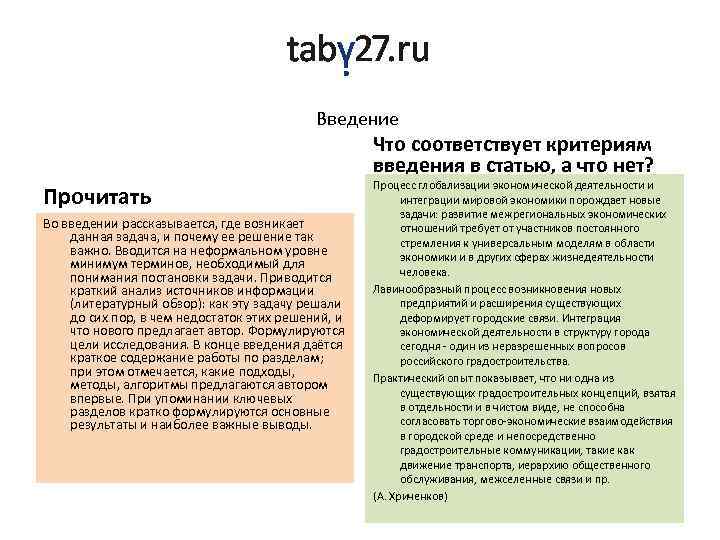 Введение Что соответствует критериям введения в статью, а что нет? Прочитать Во введении рассказывается,