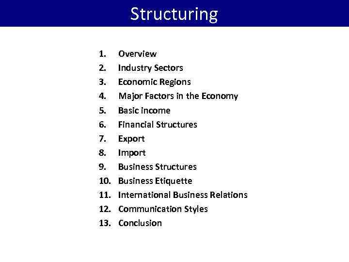 Structuring Belarus Ukraine Turkey 1. Overview 2. Industry Sectors 3. Economic Regions 4. Major