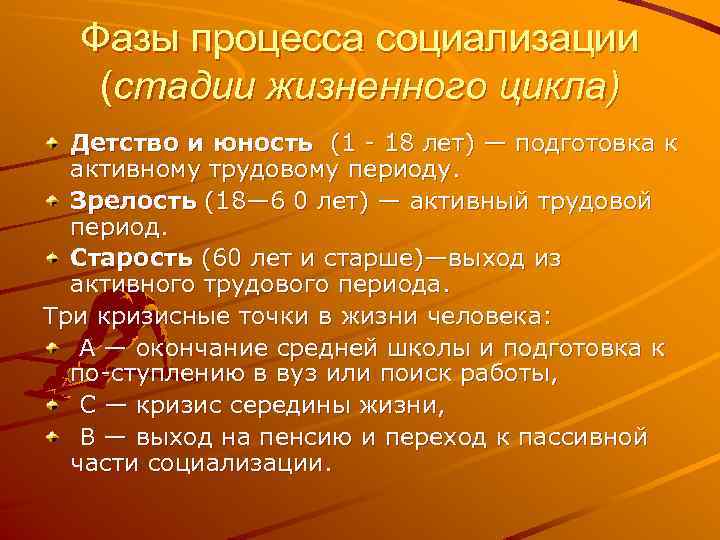 Фазы процесса социализации (стадии жизненного цикла) Детство и юность (1 18 лет) — подготовка