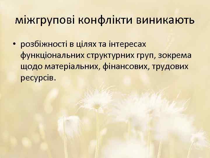 міжгрупові конфлікти виникають • розбіжності в цілях та інтересах функціональних структурних груп, зокрема щодо