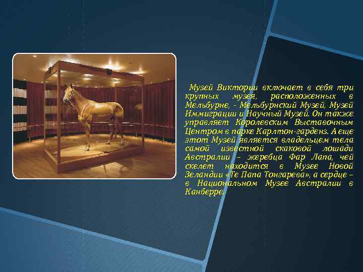 Музей Виктории включает в себя три крупных музея, расположенных в Мельбурне, - Мельбурнский Музей,