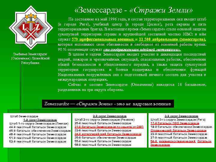  «Земессардзе - «Стражи Земли» Эмблема Земессардзе (Ополчения) Латвийской Республики По состоянию на май
