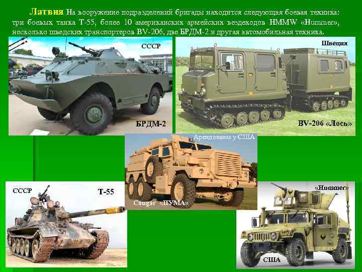 Латвия На вооружение подразделений бригады находится следующая боевая техника: три боевых танка Т-55, более