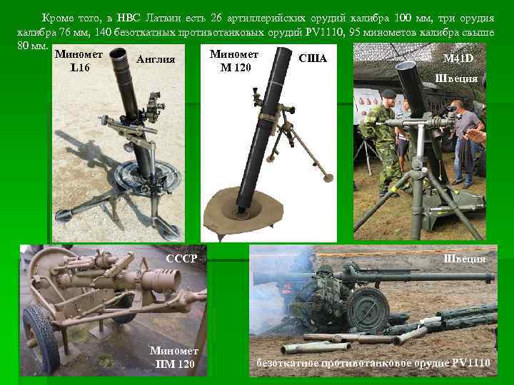Кроме того, в НВС Латвии есть 26 артиллерийских орудий калибра 100 мм, три орудия