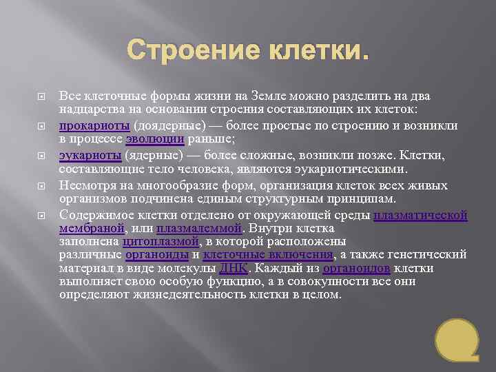 Строение клетки. Все клеточные формы жизни на Земле можно разделить на два надцарства на