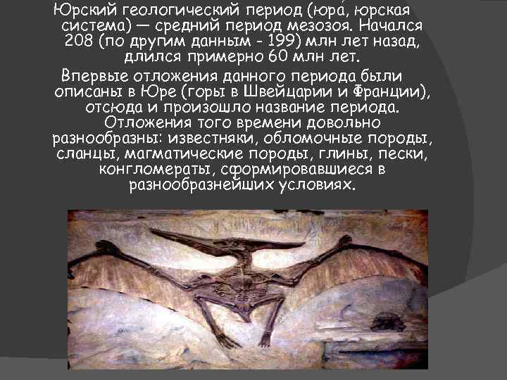 Юрский геологический период (юра , юрская система) — средний период мезозоя. Начался 208 (по