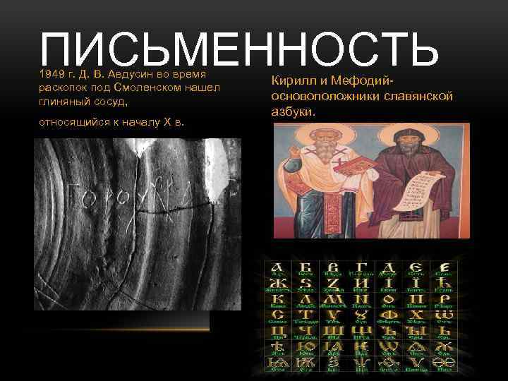 ПИСЬМЕННОСТЬ 1949 г. Д. В. Авдусин во время раскопок под Смоленском нашел глиняный сосуд,