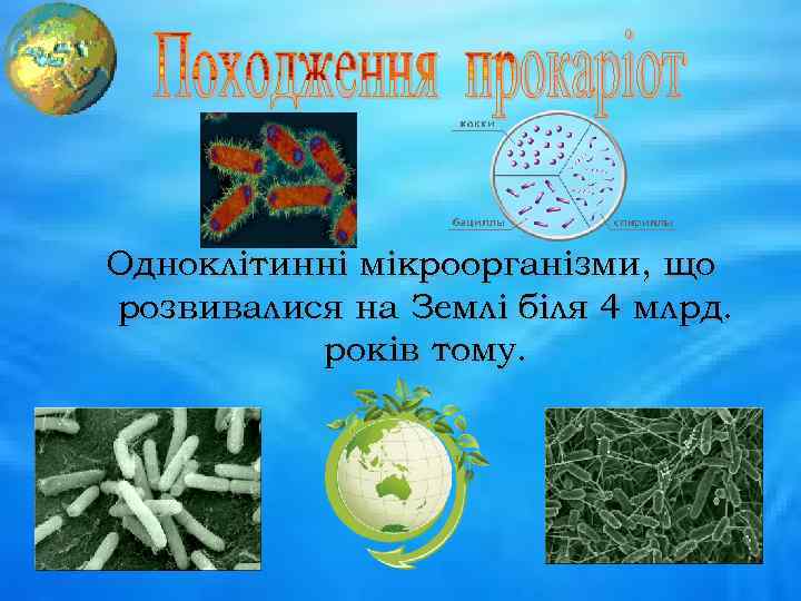 Одноклітинні мікроорганізми, що розвивалися на Землі біля 4 млрд. років тому. 