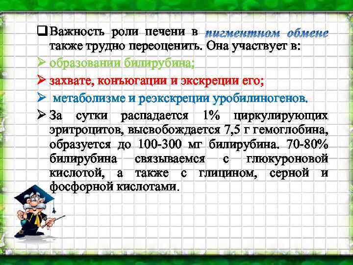 q Важность роли печени в также трудно переоценить. Она участвует в: Ø образовании билирубина;