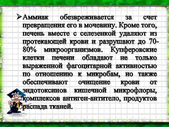 Ø Аммиак обезвреживается за счет превращения его в мочевину. Кроме того, печень вместе с