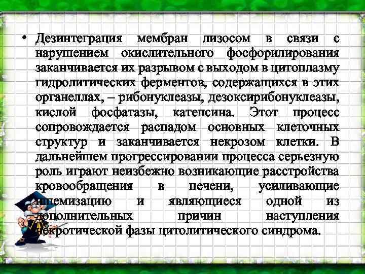  • Дезинтеграция мембран лизосом в связи с нарушением окислительного фосфорилирования заканчивается их разрывом