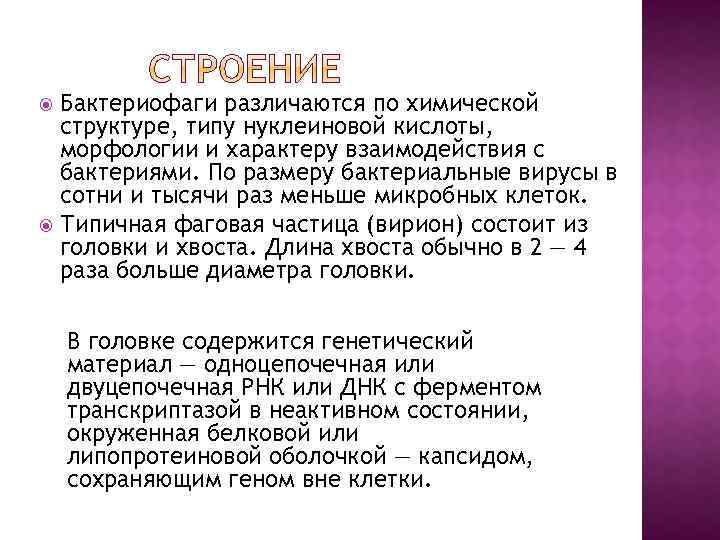 Бактериофаги различаются по химической структуре, типу нуклеиновой кислоты, морфологии и характеру взаимодействия с бактериями.