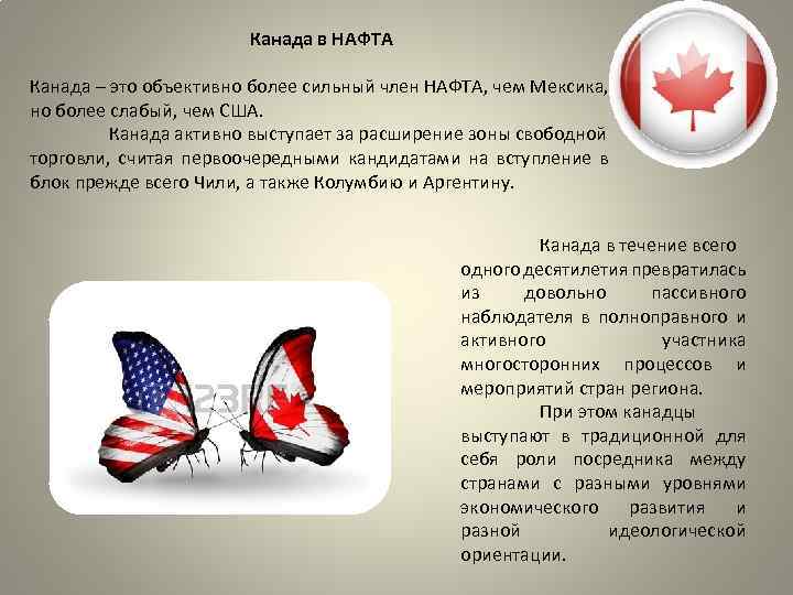 Канада в НАФТА Канада – это объективно более сильный член НАФТА, чем Мексика, но