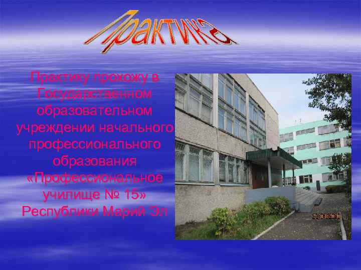 Практику прохожу в Государственном образовательном учреждении начального профессионального образования «Профессиональное училище № 15» Республики
