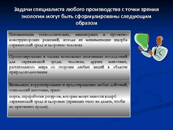 Задачи специалиста любого производства с точки зрения экологии могут быть сформулированы следующим образом Оптимизация