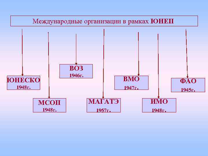 Международные организации в рамках ЮНЕП ВОЗ 1946 г. ЮНЕСКО ВМО 1947 г. 1948 г.