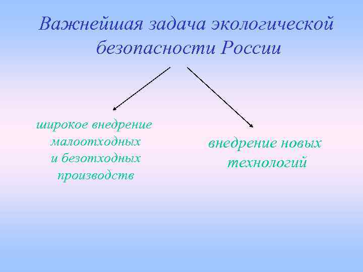 Важнейшая задача экологической безопасности России широкое внедрение малоотходных и безотходных производств внедрение новых технологий