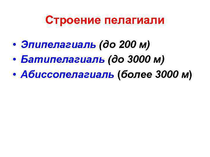 Строение пелагиали • Эпипелагиаль (до 200 м) • Батипелагиаль (до 3000 м) • Абиссопелагиаль