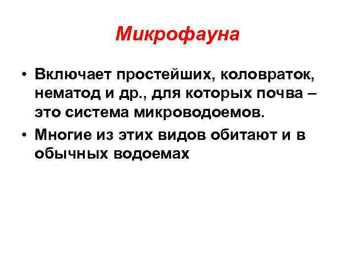 Микрофауна • Включает простейших, коловраток, нематод и др. , для которых почва – это