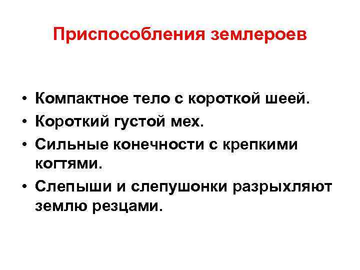 Приспособления землероев • Компактное тело с короткой шеей. • Короткий густой мех. • Сильные