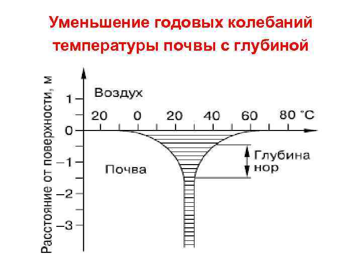 Уменьшение годовых колебаний температуры почвы с глубиной 