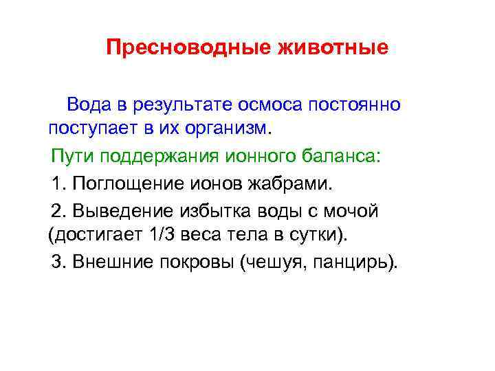 Пресноводные животные Вода в результате осмоса постоянно поступает в их организм. Пути поддержания ионного