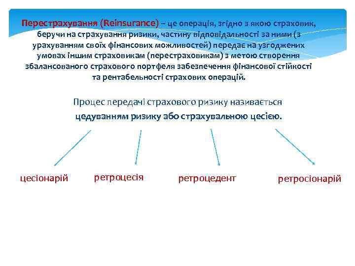 Перестрахування (Reinsurance) – це операція, згідно з якою страховик, беручи на страхування ризики, частину