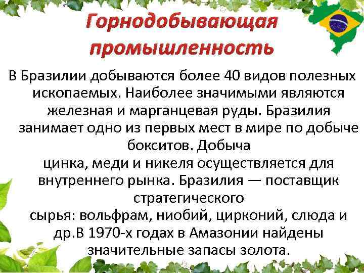 Горнодобывающая промышленность В Бразилии добываются более 40 видов полезных ископаемых. Наиболее значимыми являются железная