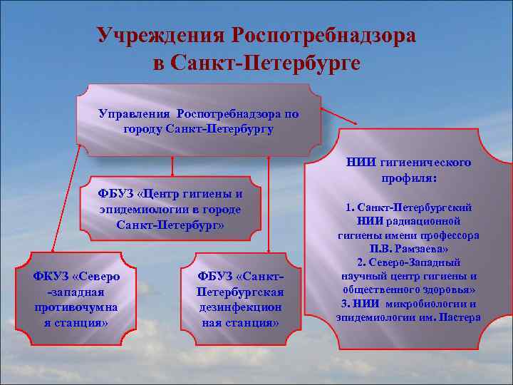 Учреждения Роспотребнадзора в Санкт-Петербурге Управления Роспотребнадзора по городу Санкт-Петербургу НИИ гигиенического профиля: ФБУЗ «Центр