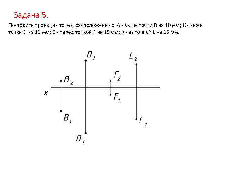 Задача 5. Построить проекции точек, расположенных: А - выше точки В на 10 мм;