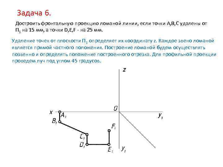 Задача 6. Достроить фронтальную проекцию ломаной линии, если точки А, В, С удалены от