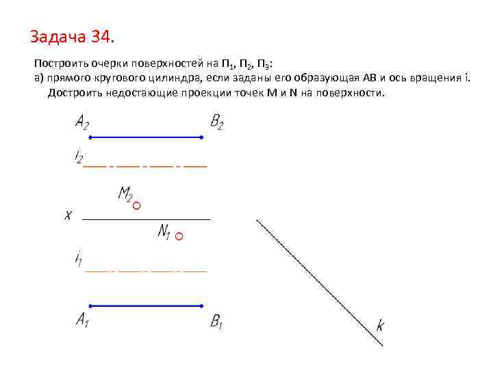 Задача 34. Построить очерки поверхностей на П 1, П 2, П 3: а) прямого