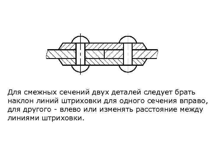 Для смежных сечений двух деталей следует брать наклон линий штриховки для одного сечения вправо,