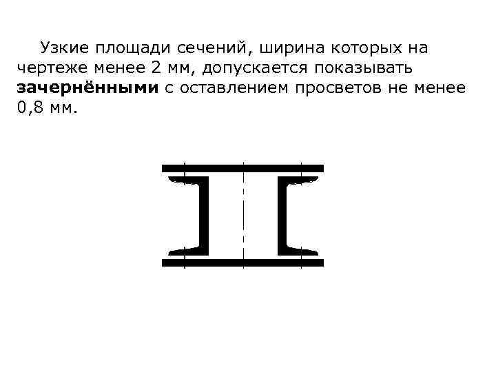 Узкие площади сечений, ширина которых на чертеже менее 2 мм, допускается показывать зачернёнными с