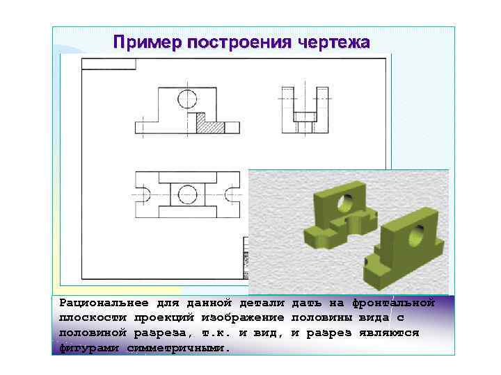 Рациональнее для данной детали дать на фронтальной плоскости проекций изображение половины вида с половиной