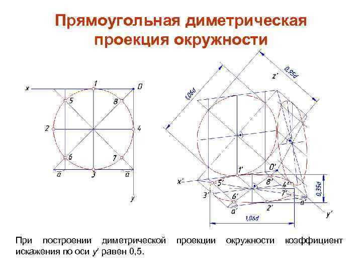 Прямоугольная диметрическая проекция окружности При построении диметрической искажения по оси y равен 0, 5.