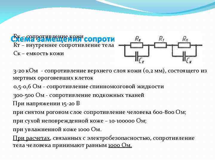 Rк – сопротивление кожи Схема замещения сопротивления человека Rт – внутреннее сопротивление тела Ск