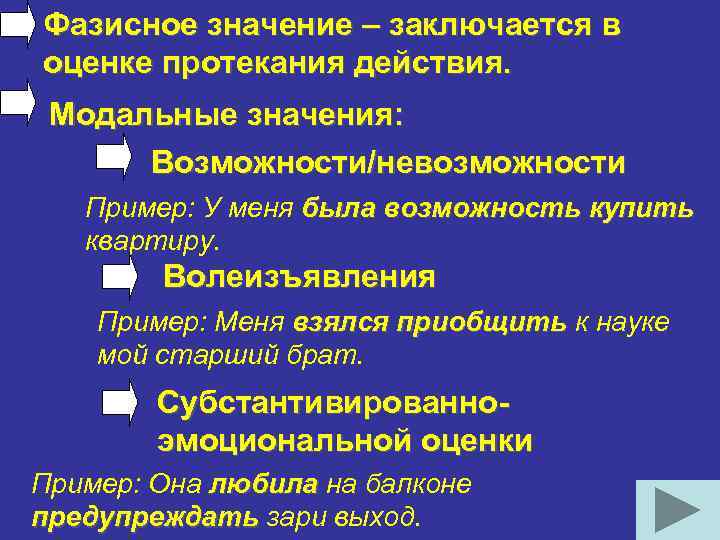 Необходимость действия. Фазисное значение. Пример невозможности. Фазисные и Модальные значения. Фазисные и Модальные глаголы.