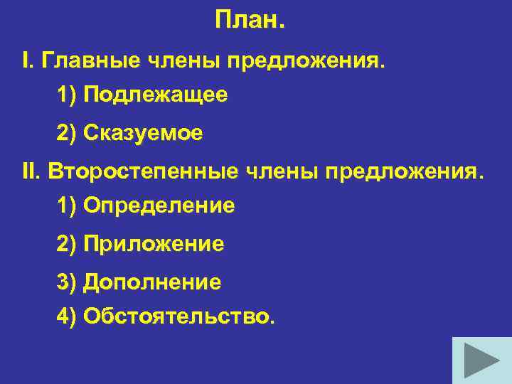 План. I. Главные члены предложения. 1) Подлежащее 2) Сказуемое II. Второстепенные члены предложения. 1)